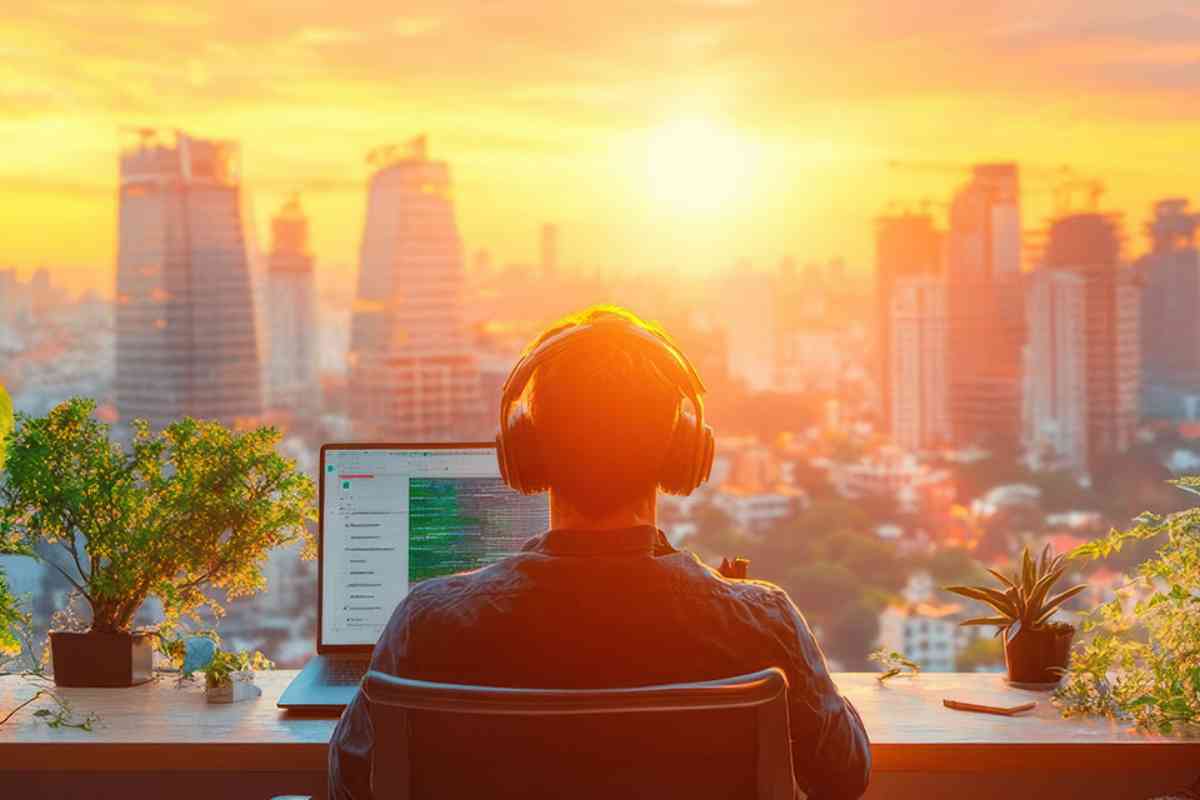 © nunoi - stock.adobe.com Mann mit Laptop und Skyline