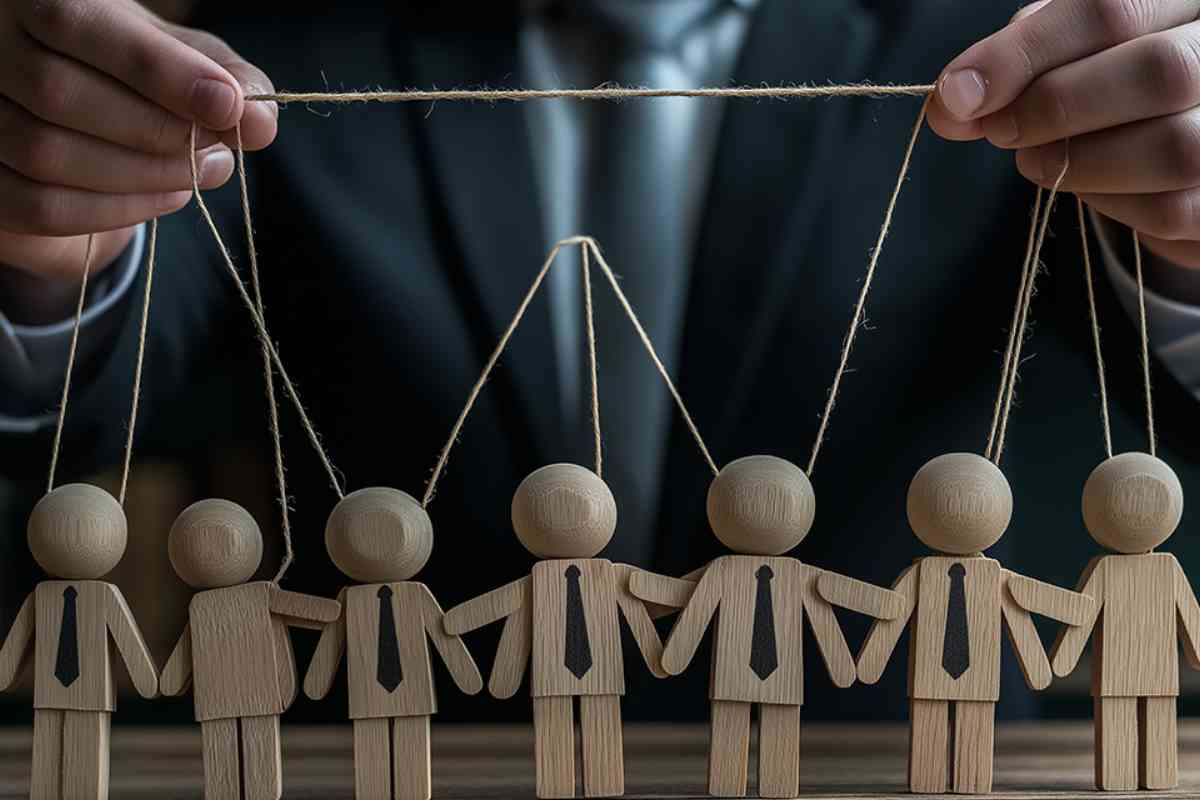 Puppenspieler im Anzug mit Holzpuppen